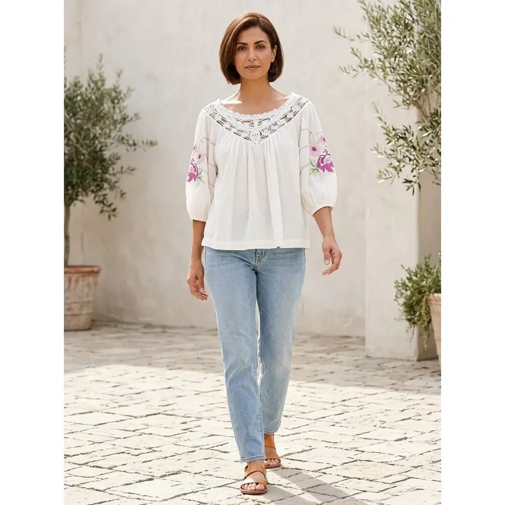 Free People White Peasant Embroidered Crochet 3/4 Puff Sleeve Women Size XS